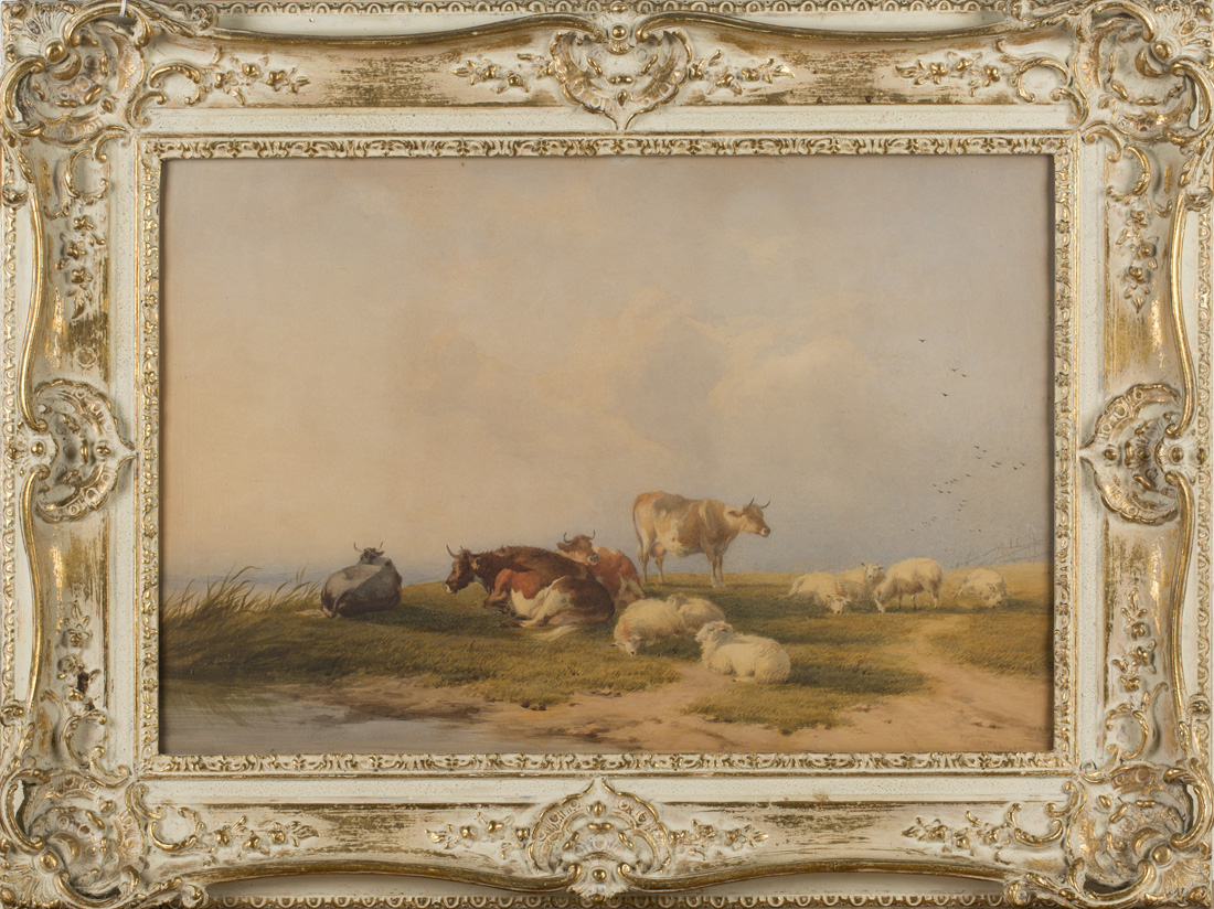 Thomas Francis Wainewright - Sheep and Cows at the Water's Edge, watercolour, signed and