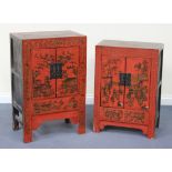 A 19th Century Chinese red and black lacquered side cabinet, fitted with two doors decorated with