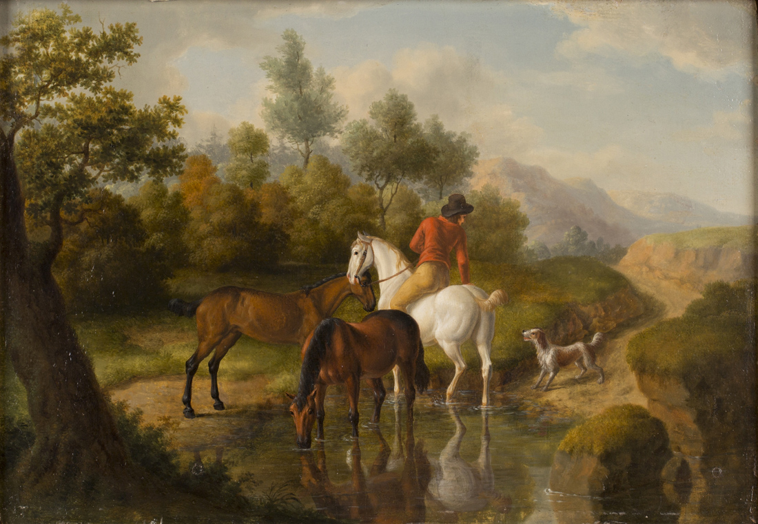 Jacques Laurent Agasse - Gentleman with Horses and Dog by a Stream, oil on panel, inscribed verso,