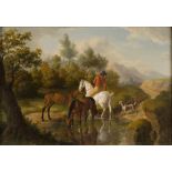 Jacques Laurent Agasse - Gentleman with Horses and Dog by a Stream, oil on panel, inscribed verso,