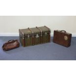 A group of late 19th/early 20th Century luggage, comprising a wood bound trunk, width approx 80cm, a