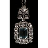 An aquamarine and diamond pendant necklace, the cut cornered rectangular cut aquamarine mounted in a