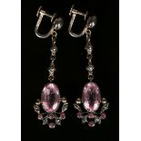 A pair of silver, marcasite and pink paste pendant earrings with screw fittings, probably French