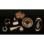 A 9ct gold ring, a gold curblink long guard chain, detailed '18k', a fob seal, an oval brooch and