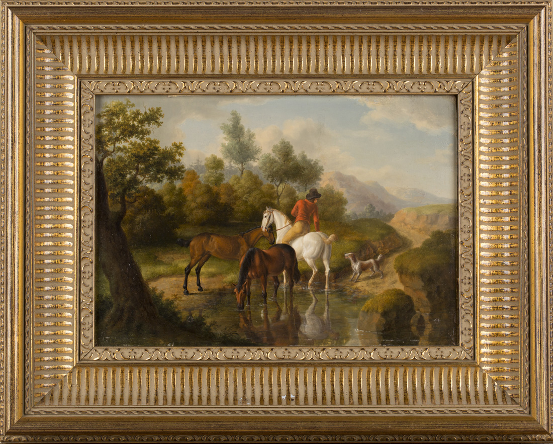 Jacques Laurent Agasse - Gentleman with Horses and Dog by a Stream, oil on panel, inscribed verso, - Image 2 of 3