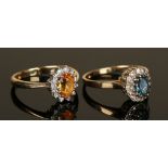 A 9ct gold, diamond and yellow gem set oval cluster ring, ring size approx N, and a 9ct gold diamond