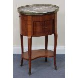 A mid-20th Century French kingwood oval bedside chest, the pierced brass gallery and marble top