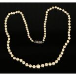 A single row necklace of graduated cultured pearls on a marcasite set silver clasp.