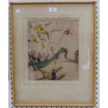 Dorsey Potter Tyson - Dragon Boat Festival, hand-coloured etching, signed and editioned 46/100 in