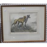 Henry Wilkinson - Two Whippets in a Landscape, coloured etching, signed and editioned 70/150 in