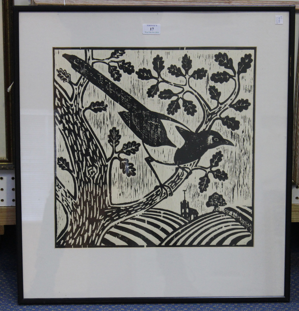 Adèle Brooks - 'Magpie', linocut, inscribed, titled, dated 1989 and editioned 8/60 verso, approx