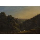 19th Century Continental School - Landscape View with Hill-top Town, oil on canvas, approx 42cm x