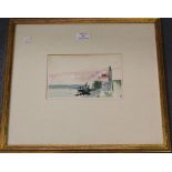 R. Dvallen - Coastal View, watercolour with gouache, signed, approx 12cm x 19.5cm, within a gilt