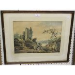 Early 19th Century British School - Landscape with Figures driving Cattle below a Folly, approx 30cm