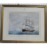 W. Knox - Four-masted Ship at Sea, watercolour with gouache, signed, approx 29.5cm x 40cm, within