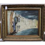 After John Piper - Somerset Place, Bath, oil on board, approx 33.5cm x 54cm, within a gilt