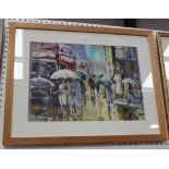 June Martin - Busy Street Scene with Figures carrying Umbrellas, mixed media, signed with