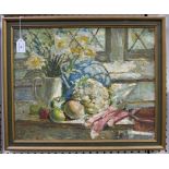 Marguerite Frobisher- Still Life Study of Daffodils and Fruit, oil on canvas, signed, approx 39.