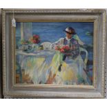 Late 20th Century Continental School - Woman reading at a Table, oil on canvas, bears signature,