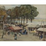 Ethel M. Mallinson - Dutch Market Scene with River beyond, watercolour, signed and dated 1933,