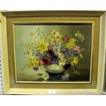 Peggy Burley - Still Life Study of Spring Flowers in a Bowl, signed and dated '70, approx 34cm x