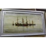 Aguilar - Moored Boats, oil on canvas, signed, approx 50cm x 101cm, within a silvered frame.