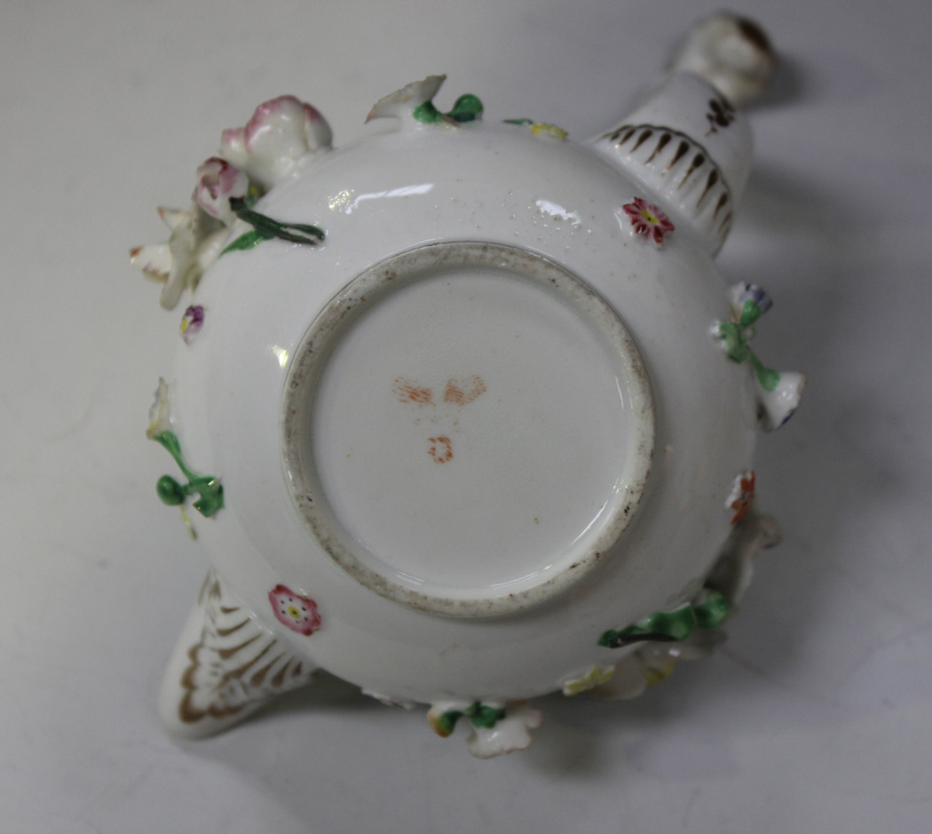 A Derby flower encrusted porcelain teapot, early 19th Century, with scroll moulded handle, height - Image 2 of 2