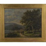 Hendrik Barend Koekkoek - Figures conversing on a Riverside Path, late 19th Century oil on canvas,