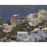 Ken Howard - View of Santorini, oil on canvas-board, indistinctly signed, approx 20cm x 25.5cm.