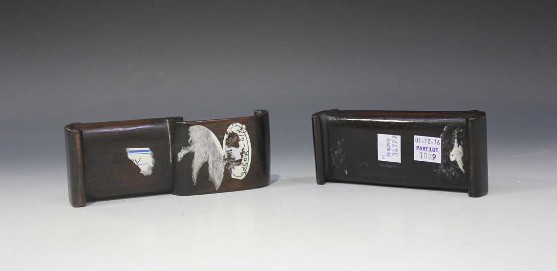 Two Chinese hardwood scholar's brush rests, late Qing dynasty, each of scroll form inset with a - Image 2 of 5