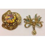 2 costume jewellery brooches by Hollywood. One set with turquoise stones and faux pearls, the