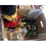 A small collection of mixed toys to include Harrods guardsman teddy bear, Britains plastic farm