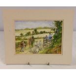 A modern watercolour of a shepherd & sheep by E. Howard.  Unframed in mount.  Mount size 25cm x