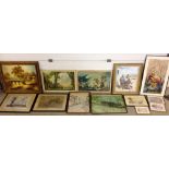 A collection of framed paintings and prints to include a watercolour Scandinavian street scene by