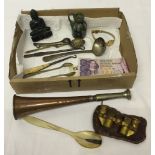 A small box of odds to include a Georgian silver mustard spoon, opera glasses, hunting horn and jade