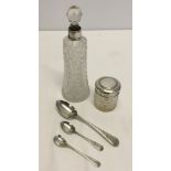 3 English silver spoons (total weight approx 35g) together with 2 cut glass dressing table pots, one