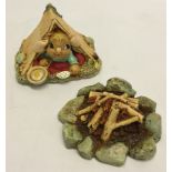 2 boxed Pendelfin stonecraft pieces: 1) Scout in tent. 2) Campfire.