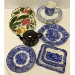 A box of ceramics to include George Jones Abbey blue & white shredded wheat dishes, plates & mug,