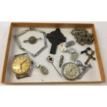 A small box of miscellaneous items to include 2 vintage watches (not working), a pair of Sterling