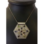 Large hexagonal 925 silver pendant set with iolite, peridot, garnets & lemon quartz stones. Size