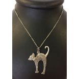 Large silver cat pendant set with marcasite on a silver chain. Size approx 5cm x 4cm, approx