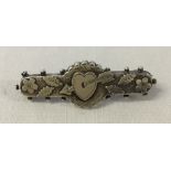 Antique silver bar brooch with a heart and arrow design, ideal for Valentines day. Has a Chester