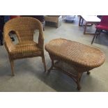 A cane chair and matching coffee table.