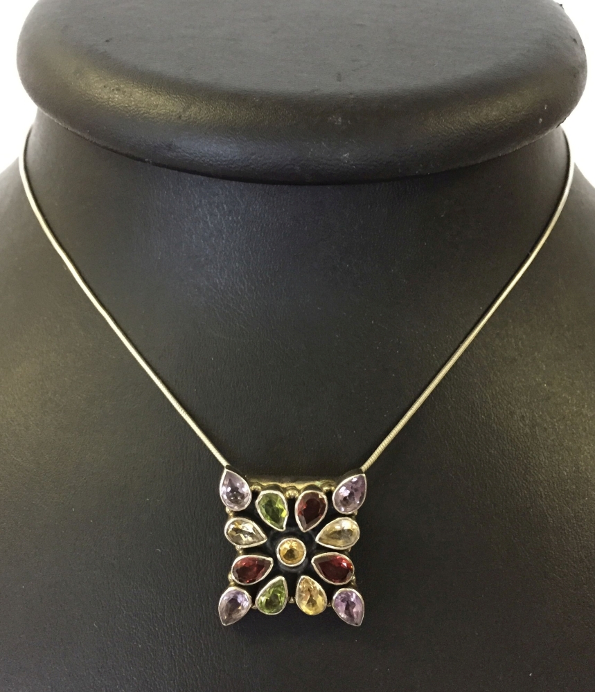 Heavy 925 silver pendant set with amethyst, garnets, peridot, citrine and lemon quartz stones - on a