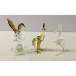 3 assorted Murano glass animals comprising of hare, kangaroo and turkey. All approx 11cm tall.