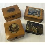 4 wooden trinket boxes to include oriental black laquer & photographic lidded example of