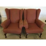 2 vintage wing back chairs in red upholstery.