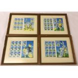 4 framed and glazed sets of Warner Brothers stamps featuring Bugs Bunny, Sylvester, Daffy Duck &