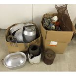 A quantity of metalware to include Tilly lamps, hand pumps, greenhouse heaters and a jam pan.