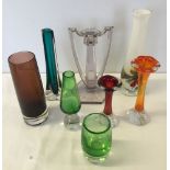 8 pieces of coloured glass - 7 vases and an art deco style candlestick.